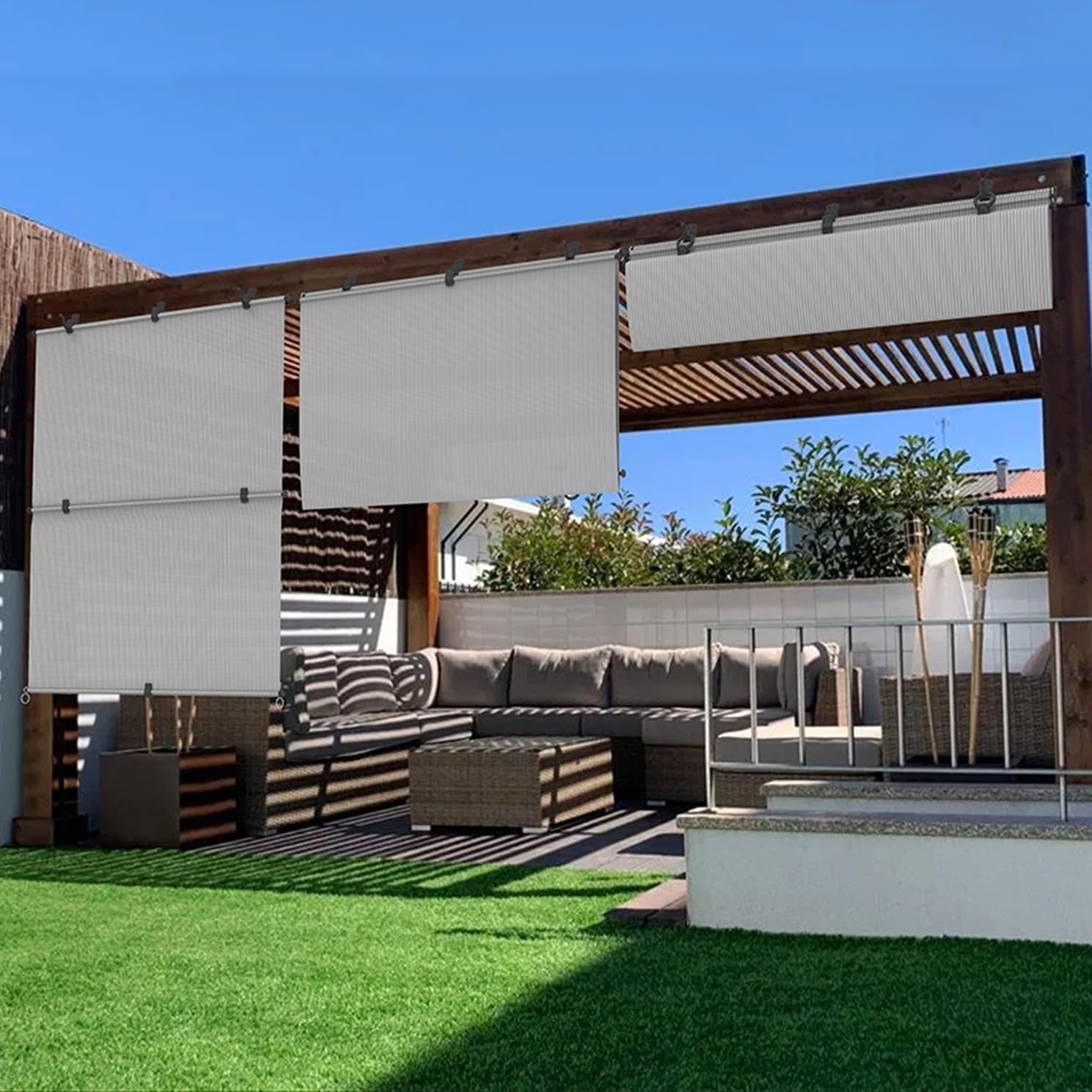 FLORALEAF 4W' x 6H' Foldable Roller Shades Outdoor Cordless Blinds Window Sunshade Curtains for Indoor Room,Patio, Porch, Deck, Pergola, Balcony, Light Gray