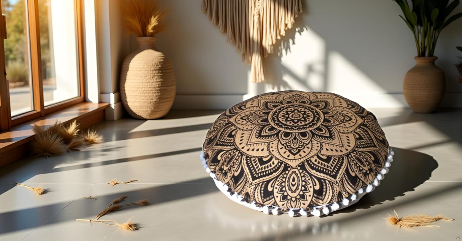 CRAFT KALA 32" in Round Mandala Floor Pillow Cushion Cover Seating Throw Cover Hippie Decorative Bohemian Ottoman Poufs Pillow Cover Cases Boho Cotton Living Yoga Home Décor Room (Black Gold Flower) image 2