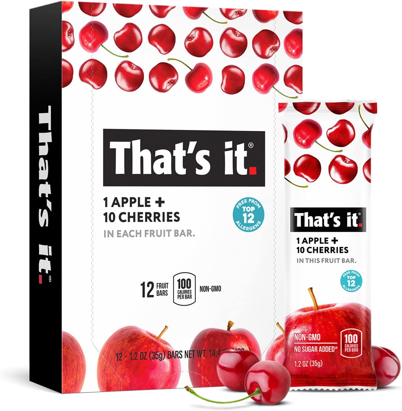 - That's it. Apple + Cherry 100% Natural Real Fruit Bar, Best High Fiber Vegan, Gluten Free Healthy Snack, Paleo for Children & Adults, Non GMO No Sugar Added, No Preservatives Energy Food (12 Pack)
