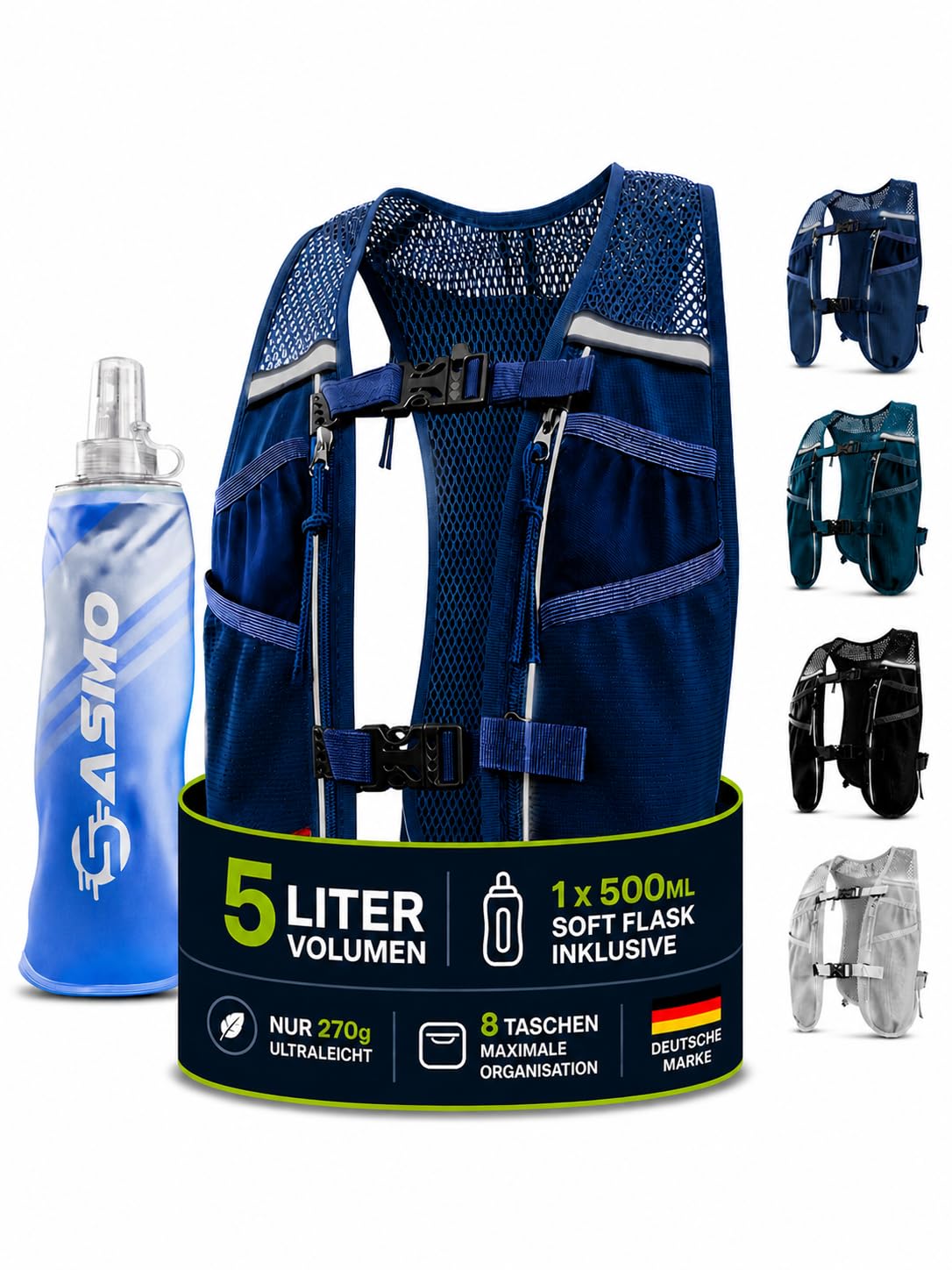 SASMO® Laufweste Damen & Herren 5L / 2L | Running Vest - Ultraleicht & atmungsaktiv| Laufrucksack Damen - 8 Taschen | Laufweste Herren | Trinkweste Laufen