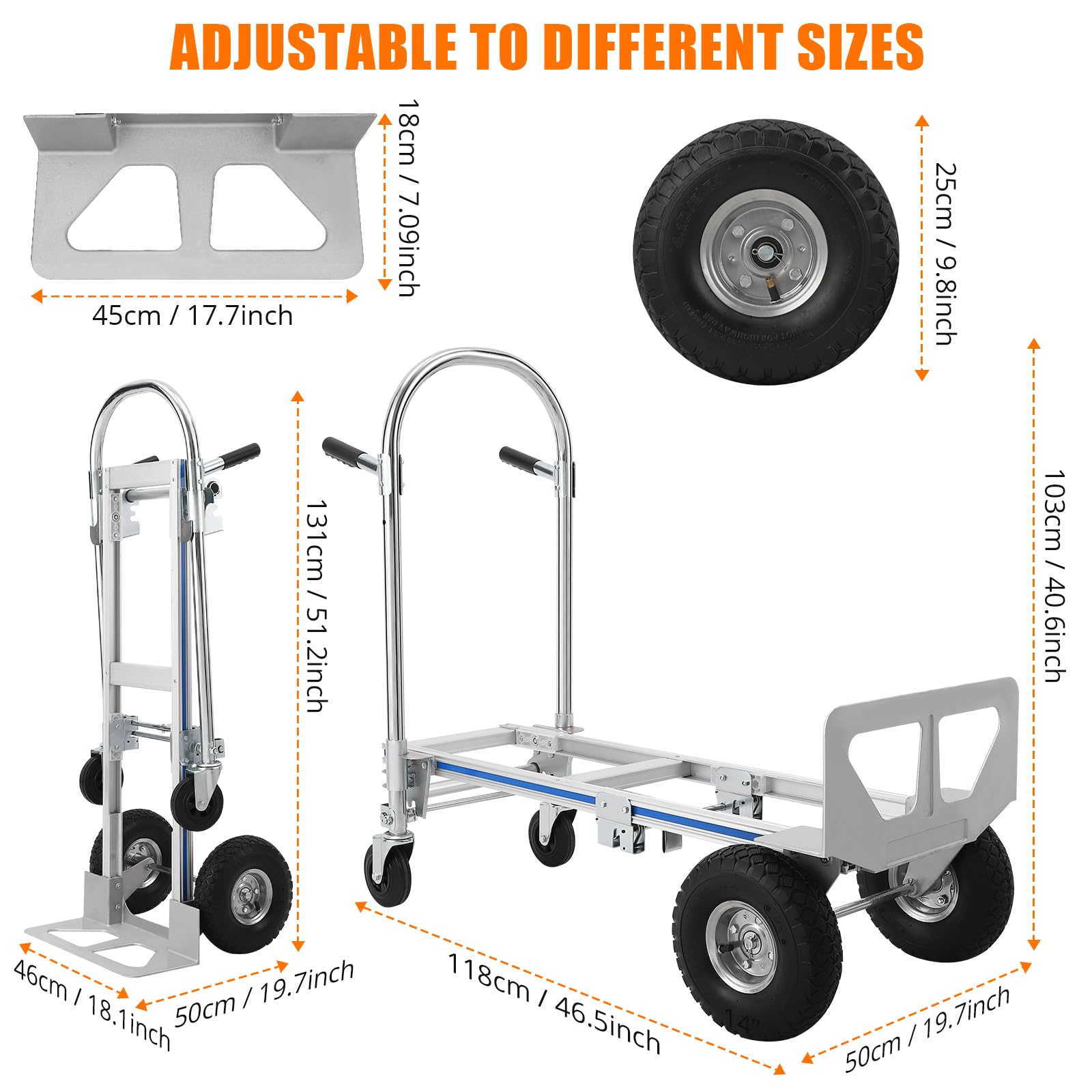 IDEALHOUSE 2-in-1 klappbare Aluminium-Sackkarre/Plattformwagen - 350 kg Tragkraft - 4-Rad-Schwerlast-Transportwagen inkl. Spanngurt - für Umzug & Lager - 118x50x103 cm