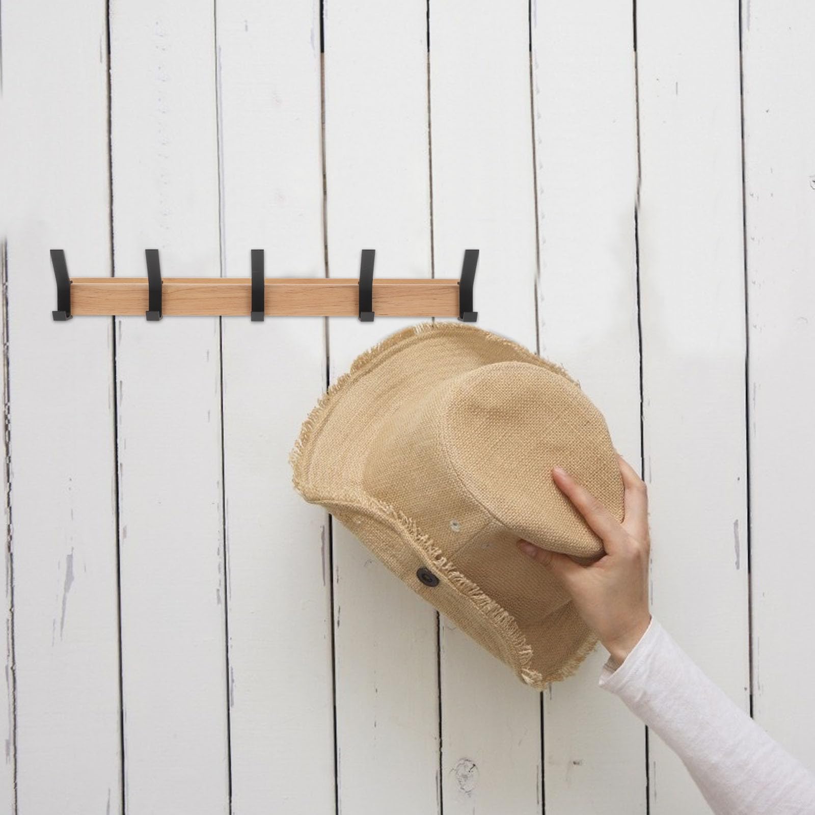 TEHAUX Gancho para Colgar Resistente con 5 Ganchos de Madera de Caucho y Ranura de Almacenamiento y Multifuncional para Puertas y Paredes