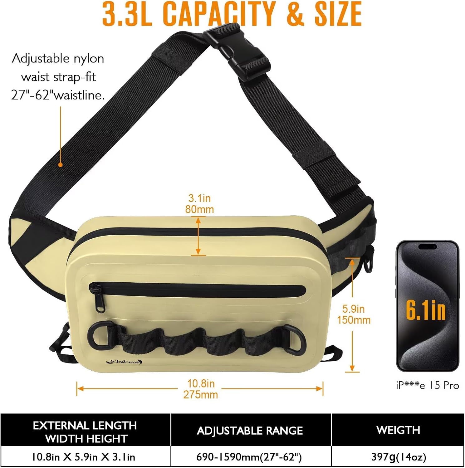 Dovesun Waterproof Fishing Fanny Pack for Men 3.3L Fly Fishing Bag Chest Pack with Airtight Zipper
