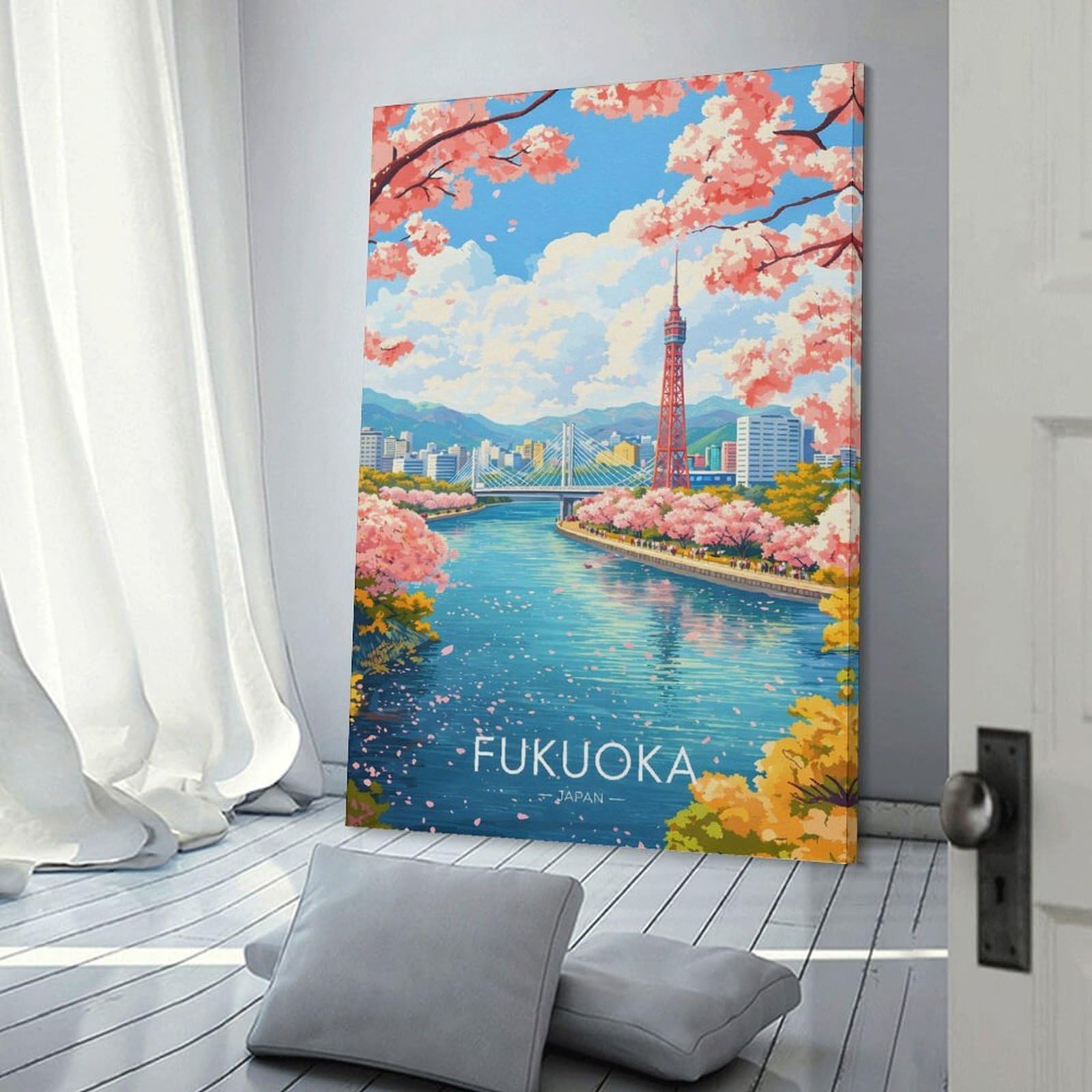 Junmoney Fukuoka Cityscape with Cherry Blossoms Hanging Wall Art, 24x36inch(60x90cm), for Lounge, Bedroom Or Personal Spaces, Gift Idea for Housewarming And Birthdays