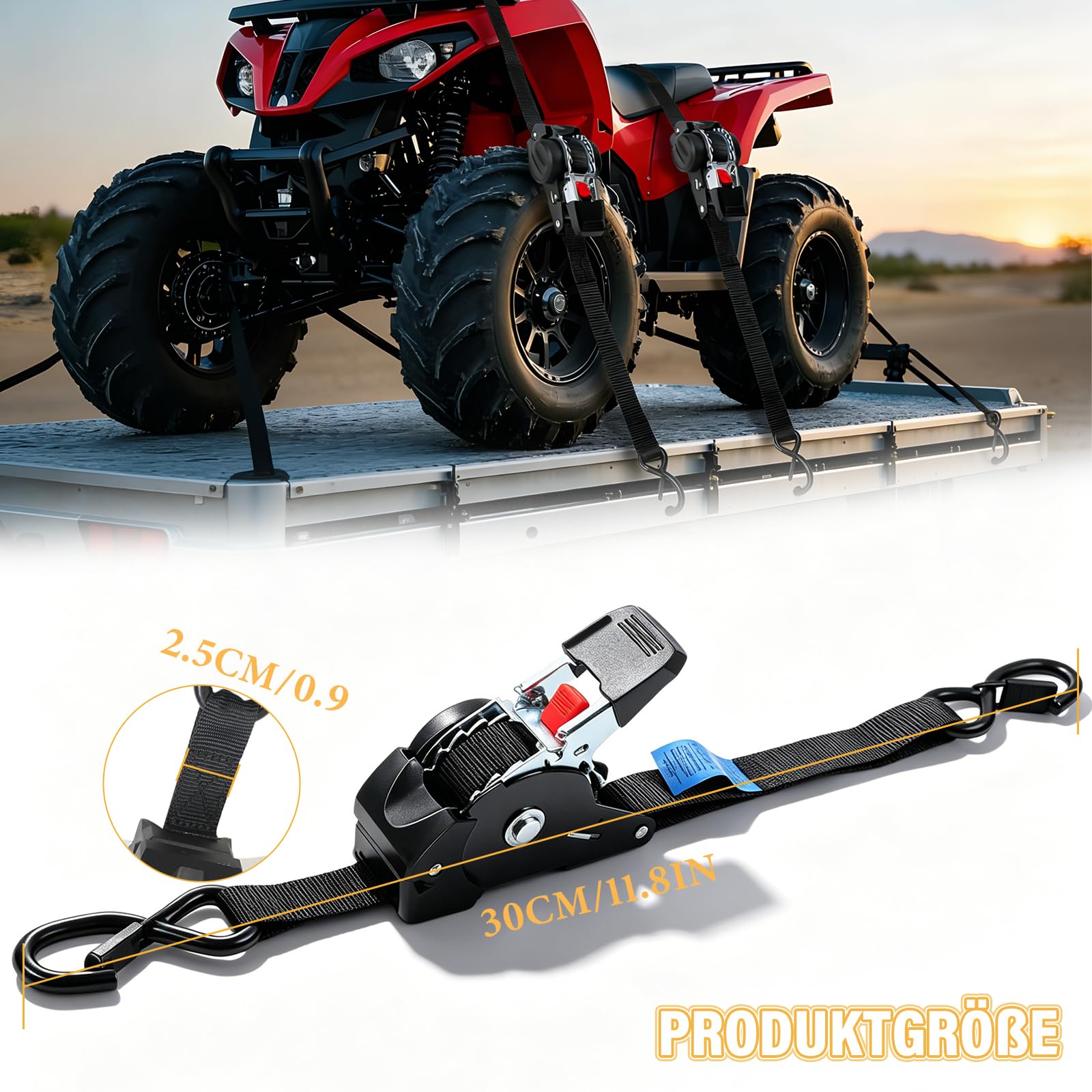4 Stück Automatik Spanngurt mit S Haken, 3 m x 25mm, 680kg Bruchfestigkeit, Selbstaufrollend Spanngurte mit Ratsche, Zurrgurt für LKW, Kajak, Motorrad, Fahrrad und Anhänger