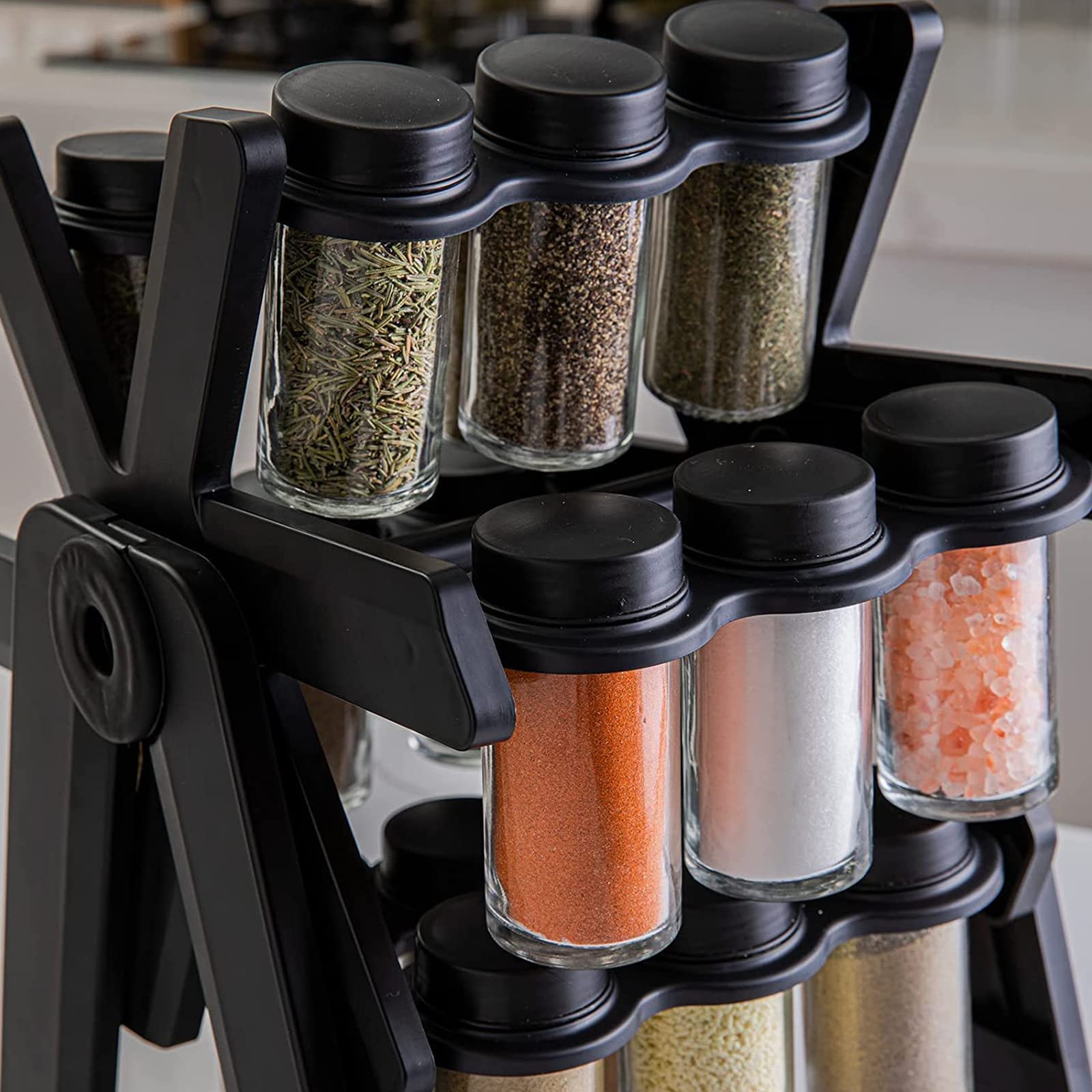 BestAlice Étagère à épices rotative avec 18 pots à épices en verre, grande roue rotative à 360 degrés, amovible, noir