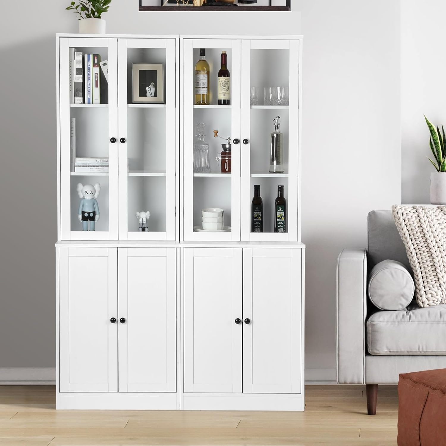 VOWNER Vertical File Cabinet, 3-Tier Modern Bookshelf with 3 Large Drawer, Wood Filing Cabinet with Open Storage Shelf, Glass Doors and Adjustable Shelves for Home Office, White (B)