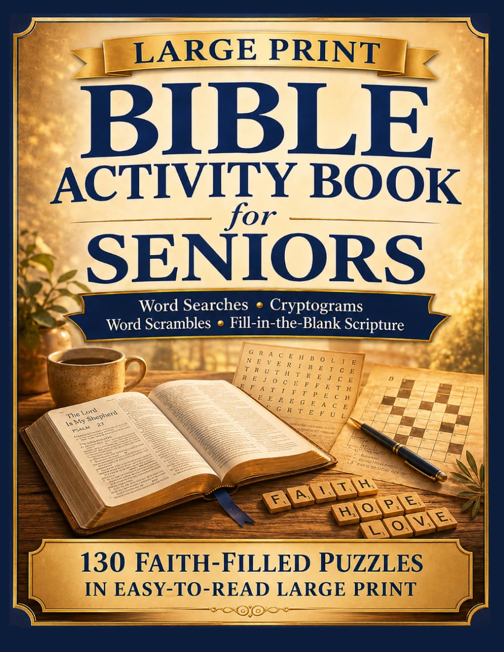 Large Print Bible Activity Book for Seniors: 130 Faith-Filled Puzzles — Word Searches, Cryptograms, Word Scrambles & Fill-in-the-Blank Scripture for Christian Seniors