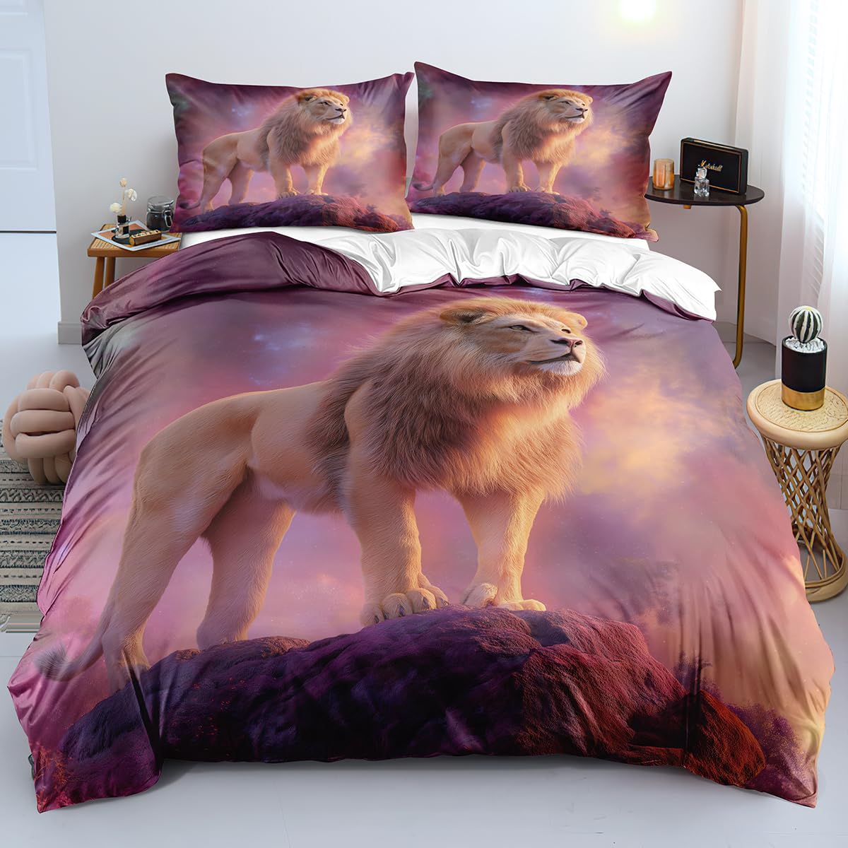 Parure de lit lion avec housse de couette 260x240 rose et taie d'oreiller animal 3D