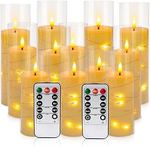 YOROXRG Flickering Flameless Candles Battery Operated with Remote,Led Pillar Candles with Realistic Moving Wick Candles for Halloween,Christmas,Home Decor Pack of 12 (D2.2 xH 5" 6" 7")(White)