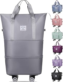 شنطة دفل قابلة للتوسيع من ويمولوت، شنطة سفر قابلة للطي مع عجلات، شنطة سفر لعطلة نهاية الأسبوع للحمل مع مساحة تخزين، شنطة سفر كبيرة لرحلات العمل والتخييم واللياقة البدنية (رمادي)