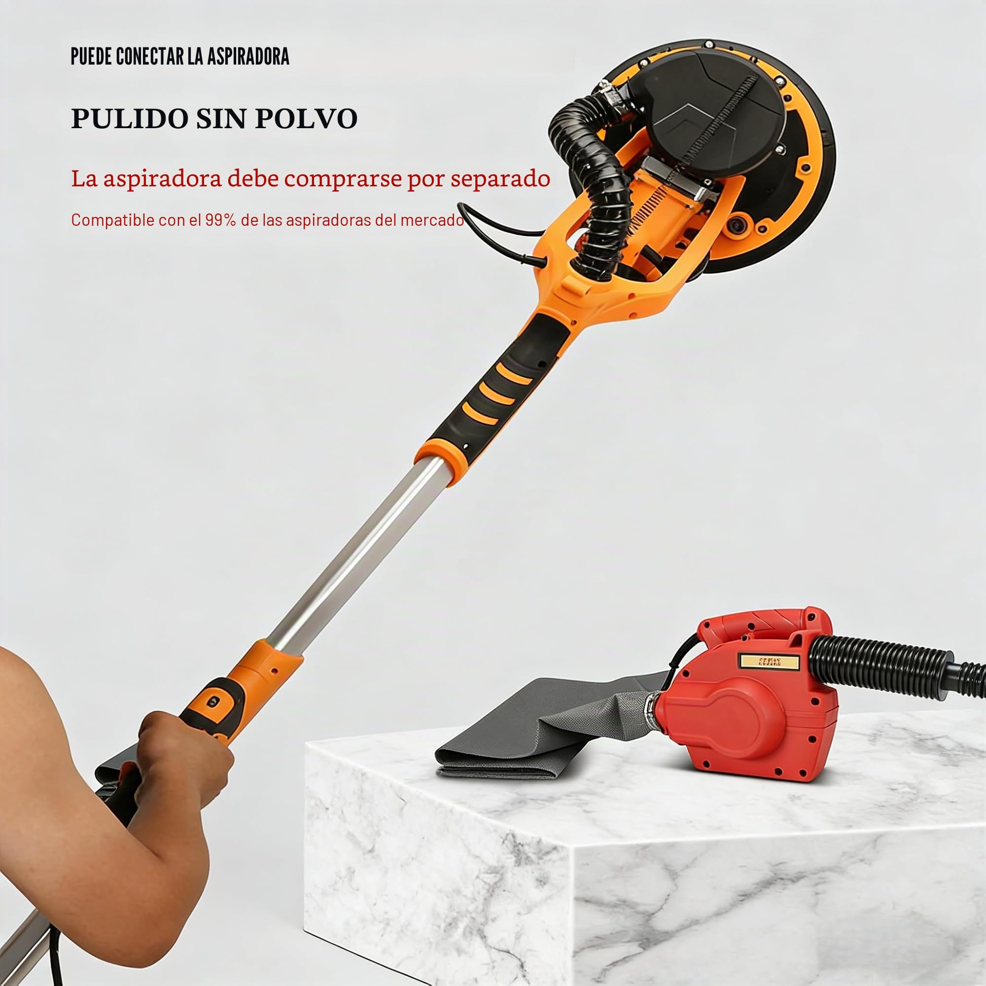 Lijadora Pared y Techo 1350W,Lijadora Jirafa con Aspirador,6 Velocidades Variables, Iluminación LED, Disco de Lijado, Diámetro 215 mm, Mango Telescópico, Incluye 6 Discos Abrasivos