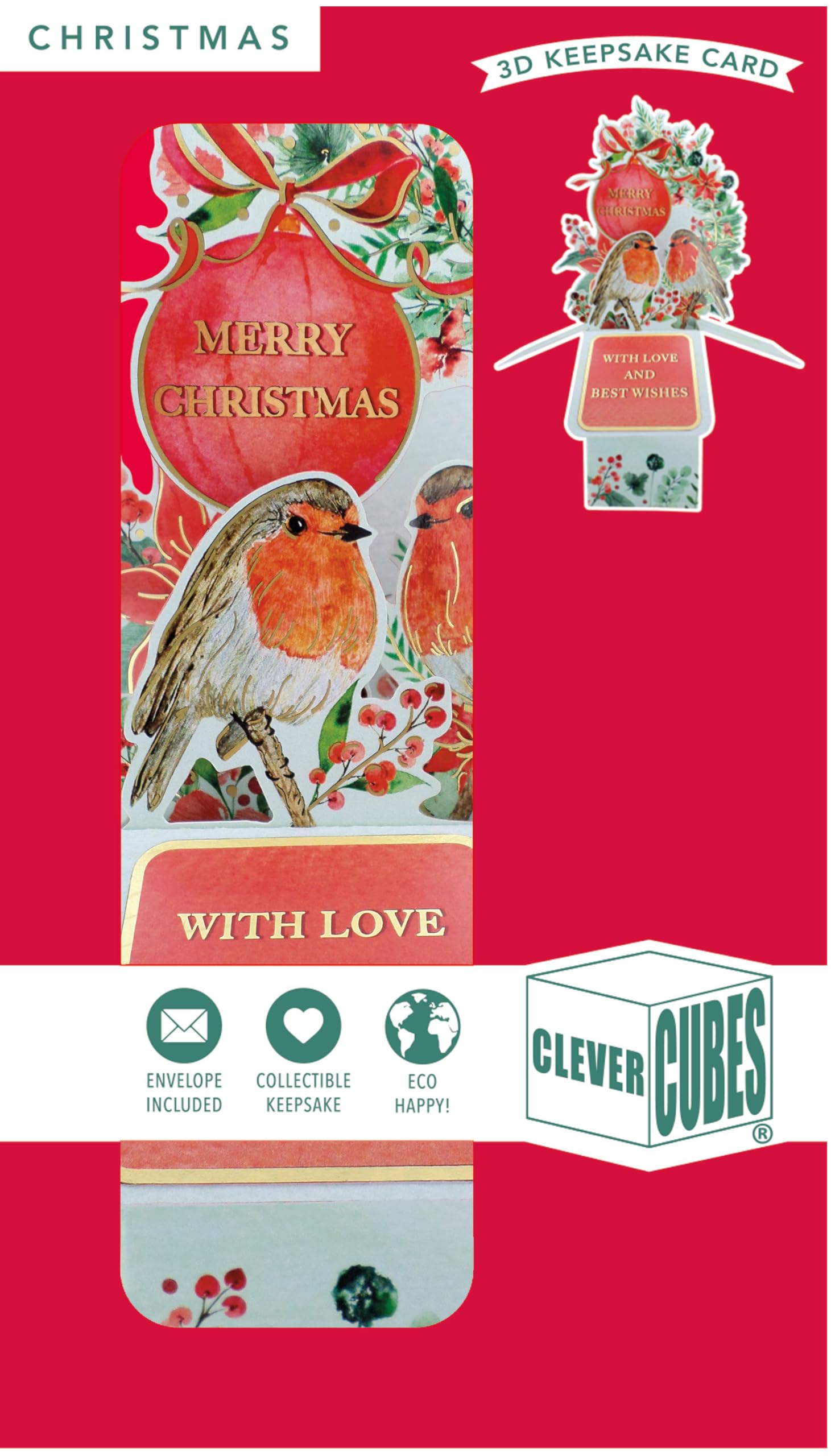 Clever Cubes Pop Up Red Robins Tweet-Tastic Merry Christmas Card 3D Xmas Card XCU004, 13cm x 23.5cm or 5.5" x 9" - Image 2