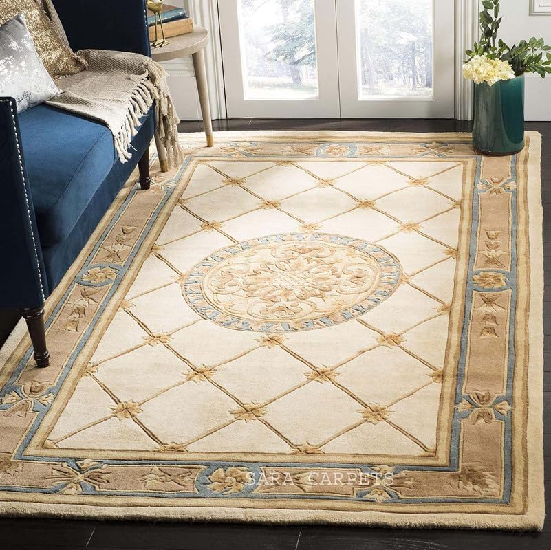 Image of Modern Abstract Hand Tufted Wool Floor Carpet for Home decore Living Room|Home and Bedroom & Hall 5x8 feet (150x 240cm) Beige H34