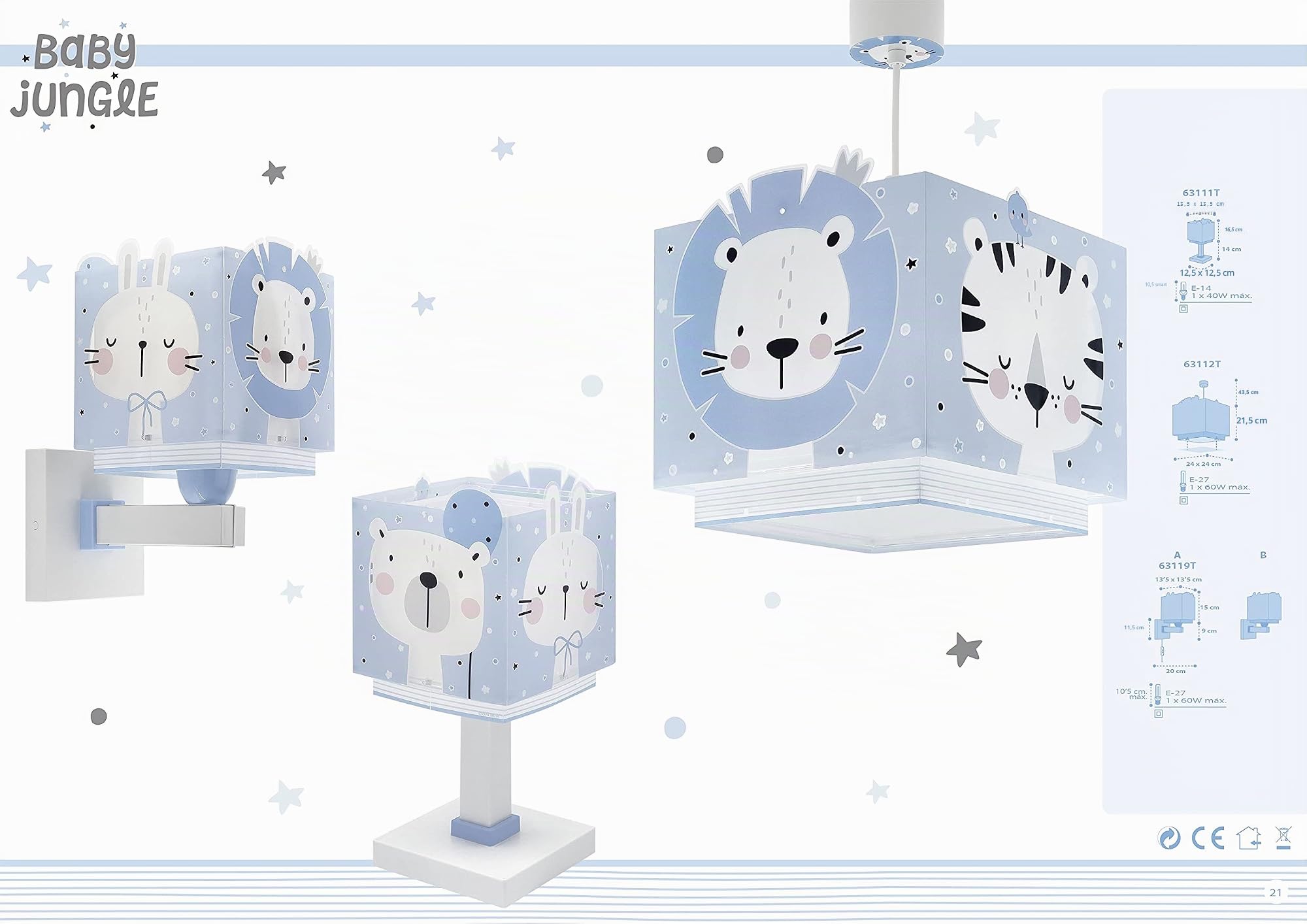 Dalber Lampada da soffitto per bambini Baby Jungle blu Jungle Orso Leone Tigre Coniglio