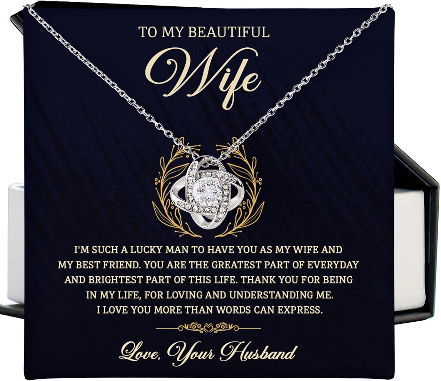 To My Wife Necklace Gift – Love Knot Jewelry for Wife from Husband – Romantic Anniversary, Birthday, Valentine, Christmas – Meaningful Forever Love Gift with Message Card