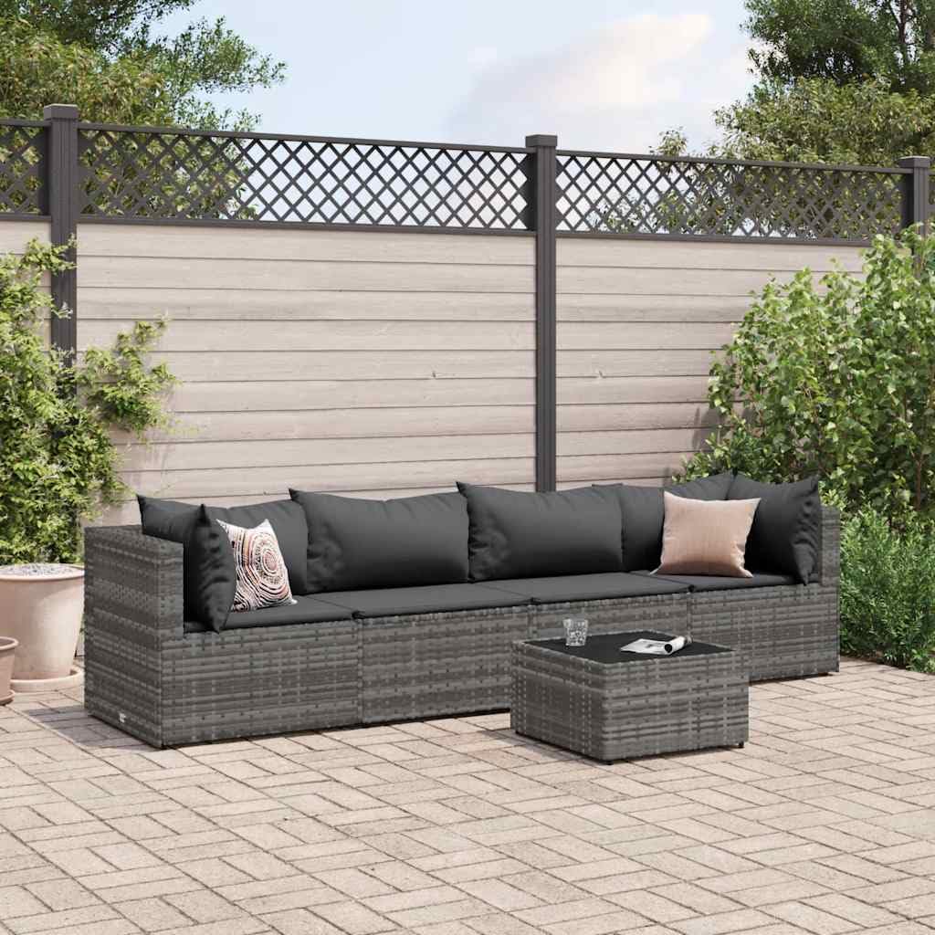 Generico Set Divani da Giardino 5 pz con Cuscini in Polyrattan Grigio,Mobili da Giardino,Set da giardino-3308010