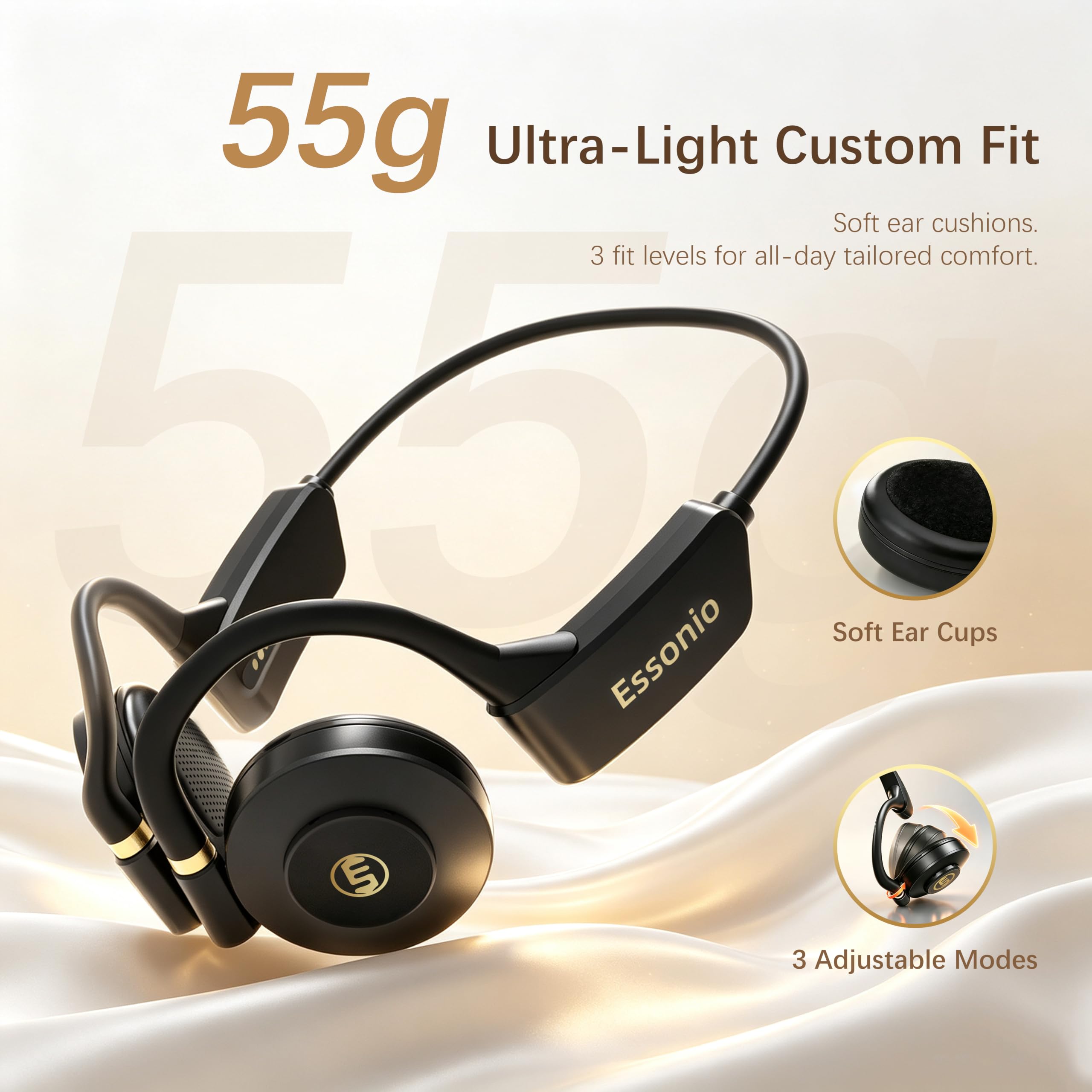 Essonio Auriculares de oreja abierta, graves profundos, inalámbricos, Bluetooth, conducción de aire, 3 niveles, graves profundos, banda ultra ancha, ANC 20H, reproducción multipunto, conexión clara