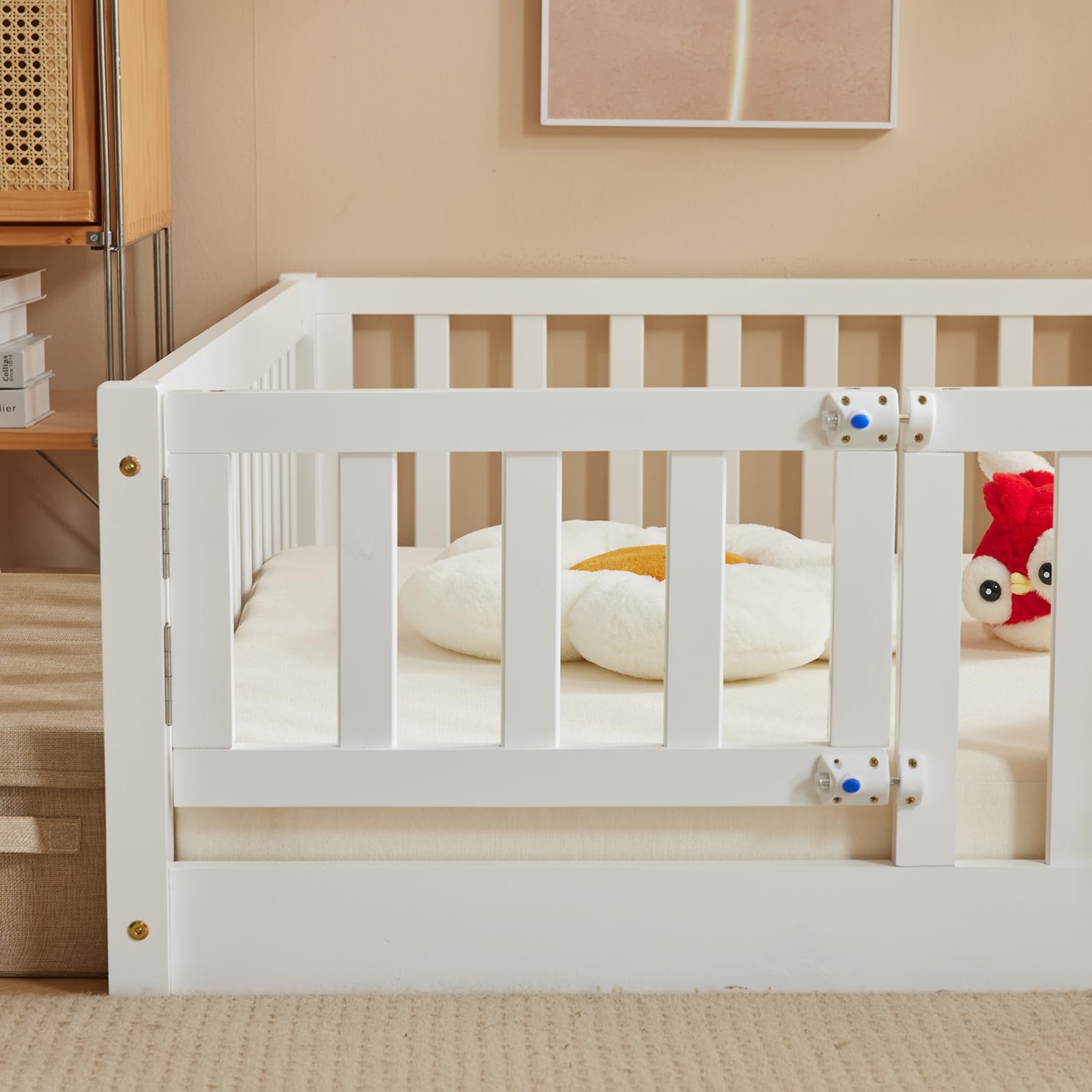 LALAHO Montessori - Lettino da pavimento 2 in 1, con uscita laterale, 90 x 200 cm, protezione dalle cadute e rete a doghe, trasformabile dalla culla al letto dei ragazzi, 2 misure, portata 300 kg
