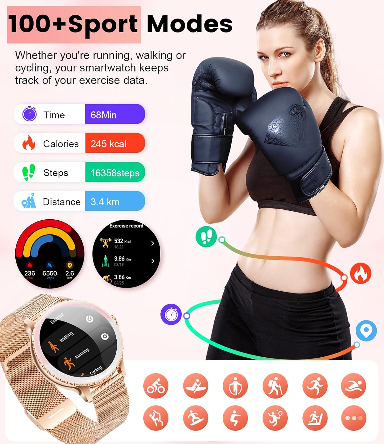 SUNKTA Smart Watch for Women (Answer/Make Call),1.27" Curved Display Smartwatch with Female Cycle/Sleep Monitor,5ATM Waterproof Fitness Tracker 100 Sport Modes Pedometer for Android/iOS,Gold - Image 9