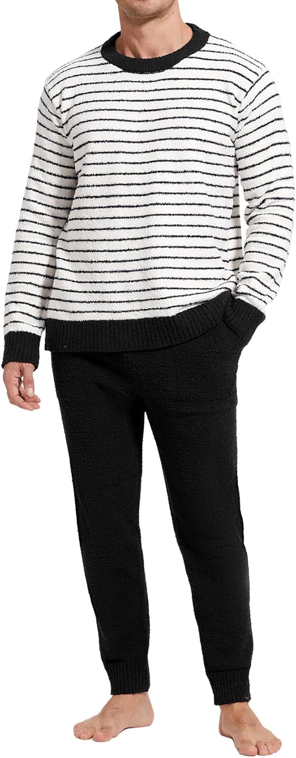 Yimoon Mens Fleece Pajama Set Striped Warm Fluffy Pjs Set Winter Long Sleeve Soft Fuzzy Sleepwear