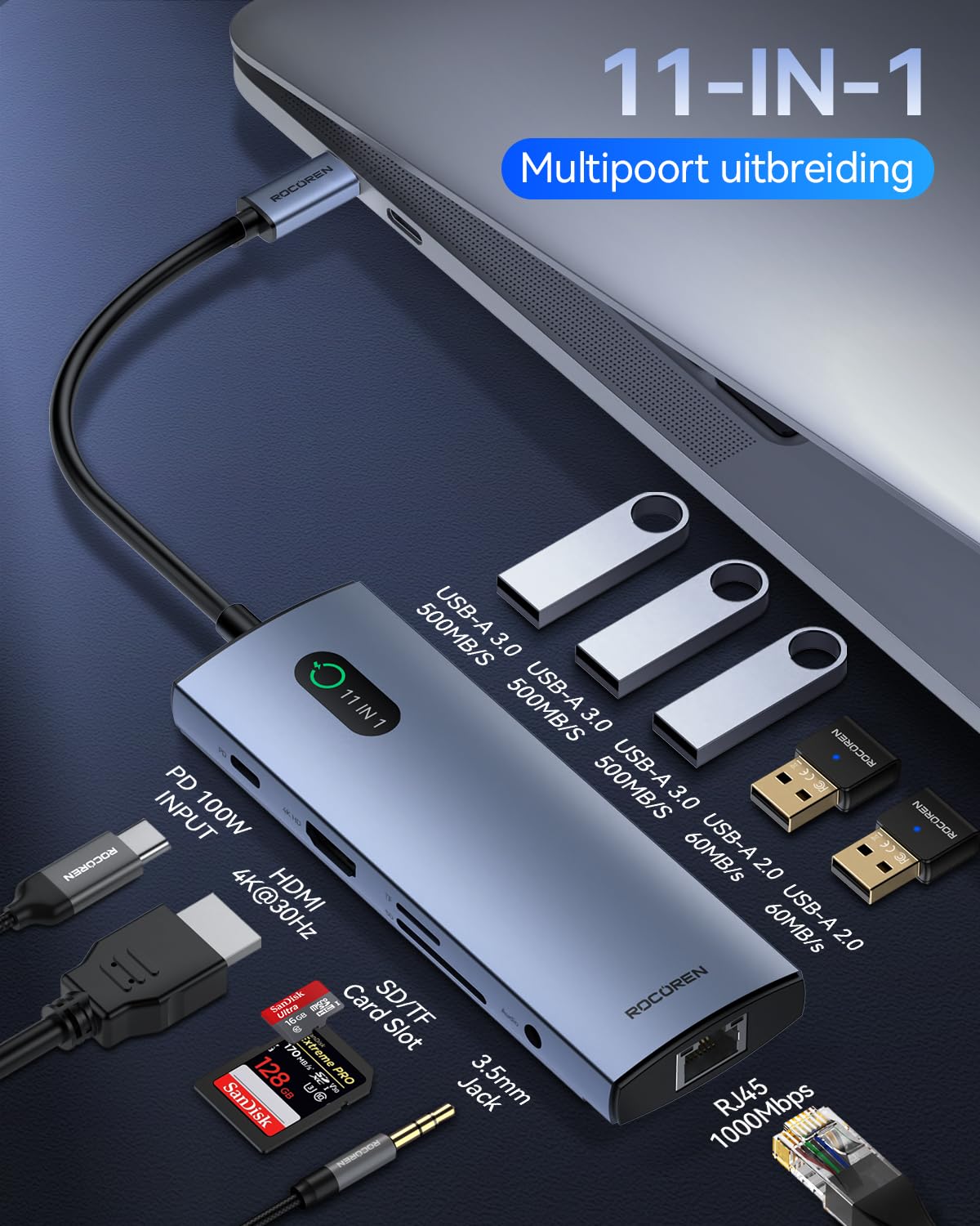 Rocoren USB C Docking Station, 11 in 1 Multiport Hub Laptop Adapter with 4K HDMI, USB 3.0 Port, Type C PD 100W, RJ45 Ethernet, SD/TF Card Reader, 3.5mm AUX for MacBook Pro/Air