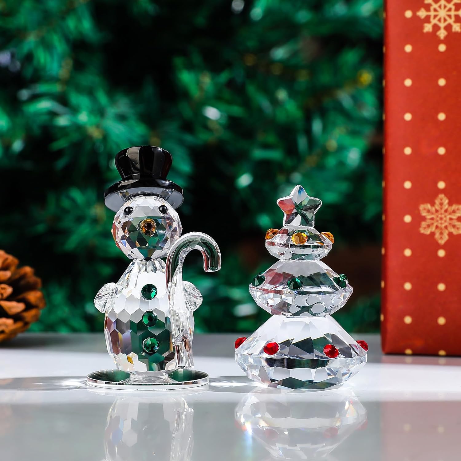 Set of 2 Crystal Christmas Tree Figurines Crystal Snowman Ornament, Mini Tabletop Holiday Statue Festival Decoration Xmas Gifts - Image 3