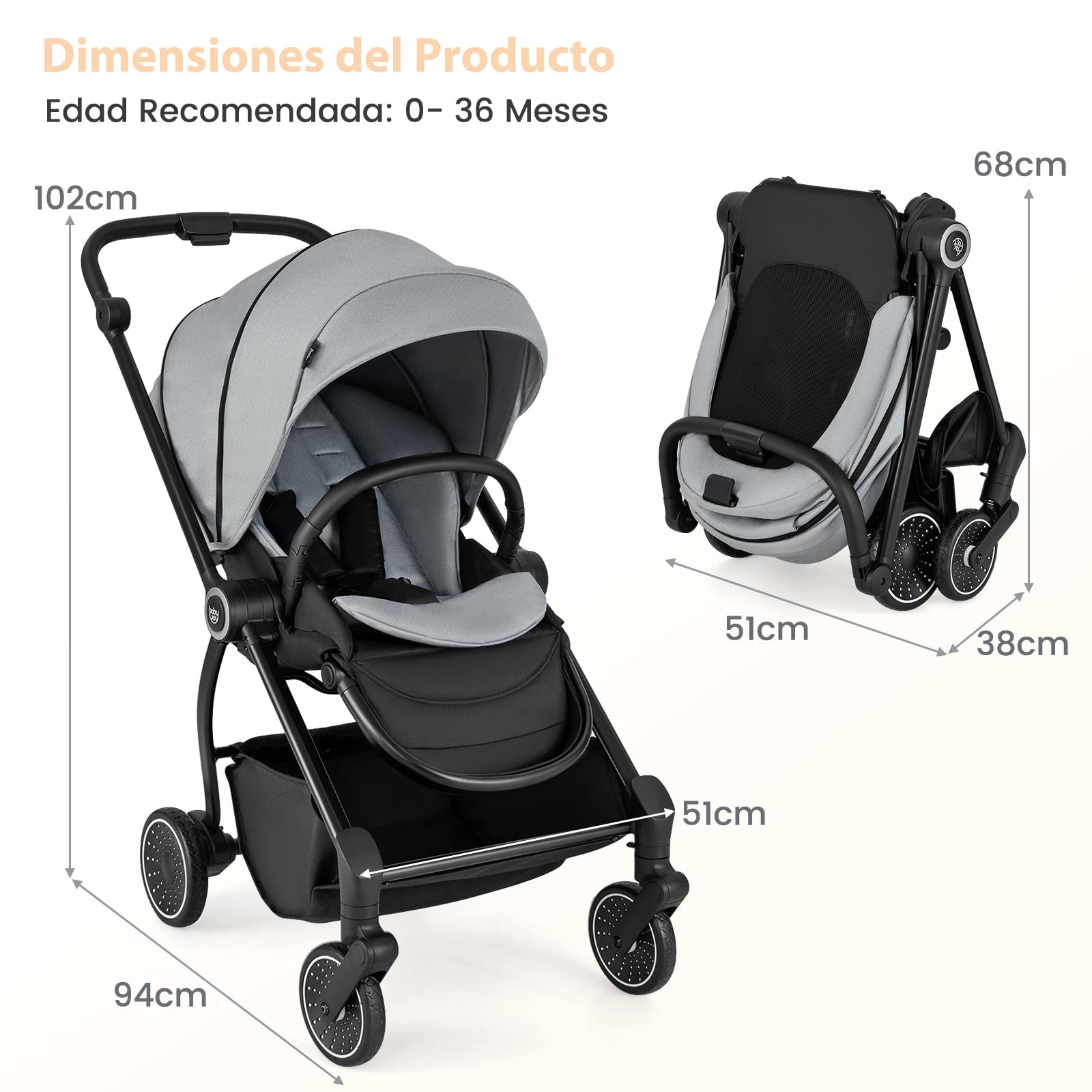 COSTWAY Silla de Paseo con Asiento Reversible, Carrito Bebe Plegable con Respaldo Reclinable, Toldo Ajustable, Asa y Reposapiés, Coche Infantil de Aluminio con Cesta y Ruedas con Suspensión (Gris)