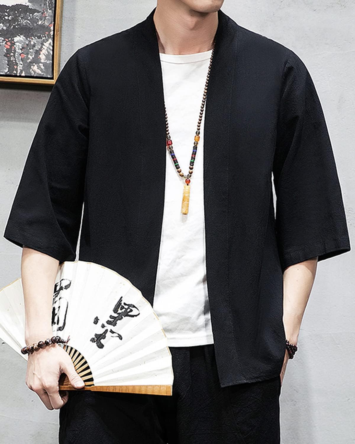 Men's Japanese Kimono Cardigan Loose Cotton Linen 3/4 Sleeve Open Front Casual Summer Shirt Jackets - Image 9