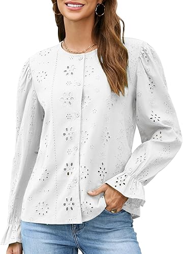 Elegant Tops for Women Dressy Embroidered Flutter Long Sleeve Button Up Shirts C