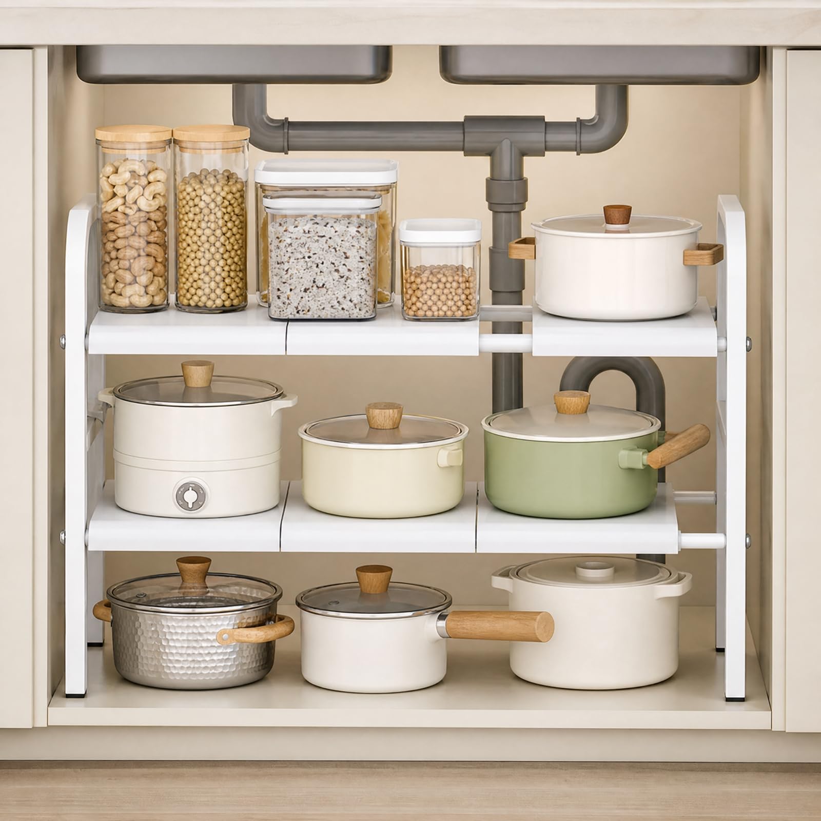 Milageto Organizer Estensibile a 2 Livelli Stabile Organizer sotto Lavello Robusto Scaffale sotto Lavello per Interno Armadio, Stanza Dei Servizi, Grigio