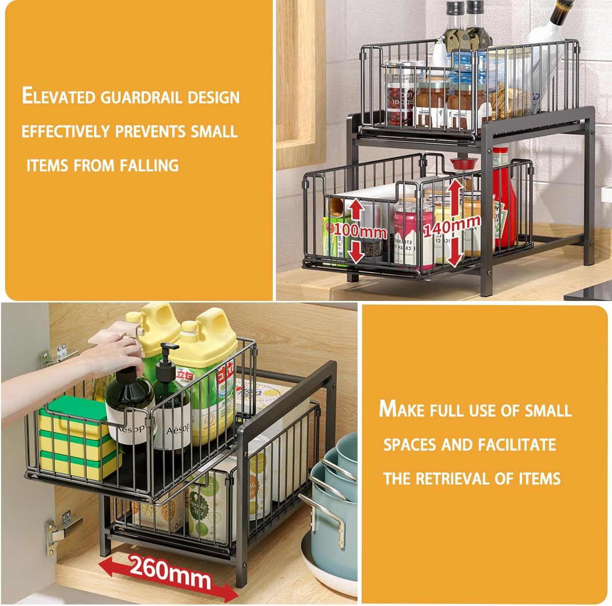 2-Tie Under Sink Cabinets Organizer with Sliding Storage Drawer, Pull Out Cabinets Organizer Shelf, Sliding Kitchen Countertop Storage Basket (black)