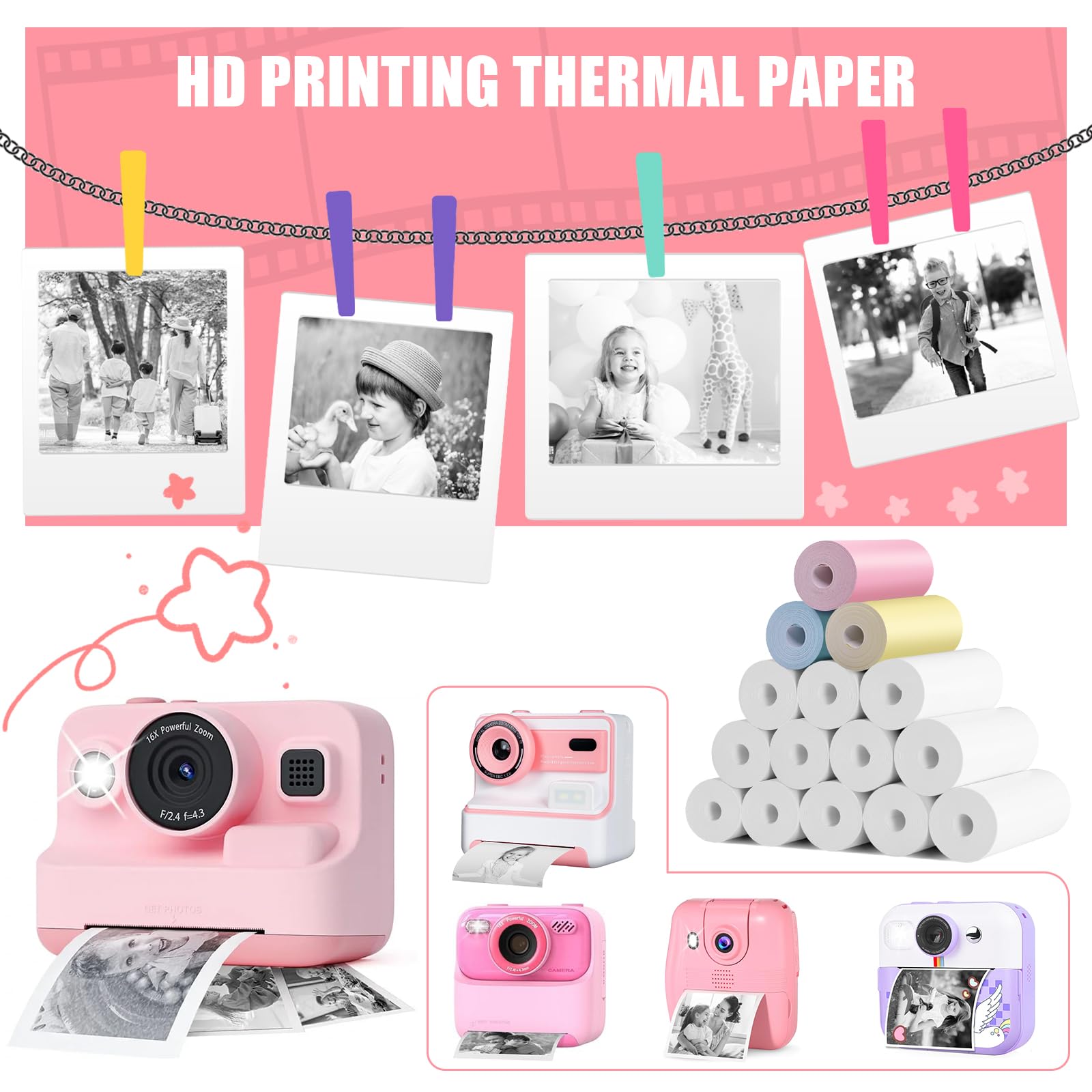 16 Rotoli Carta Termica Per Macchina Fotografica Bambini - 57x25 Mm, Bianca E Colorata - Compatibile Con VTech Kidizoom - Foto 4