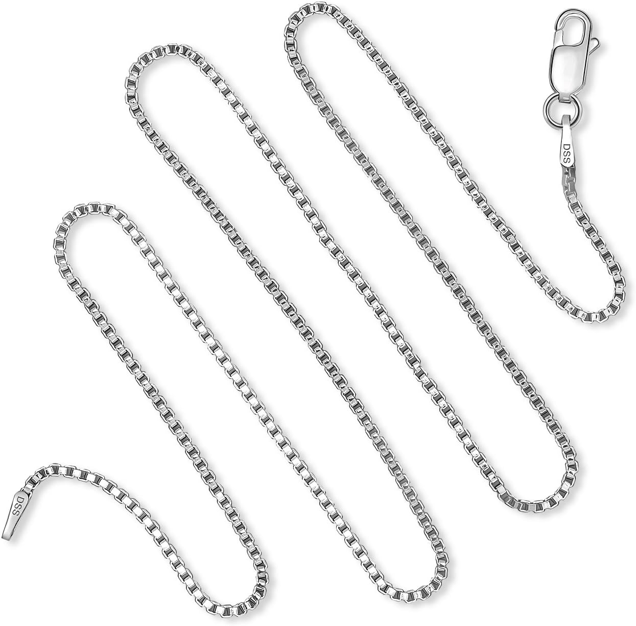 DSS 925 Sterling Silver Necklace for Women, Rhodium Plated, Box Chain 1.5mm, Lobster Claw Clasps, Sterling Silver Chain, Italian Jewelry for Women, 16in - 36in