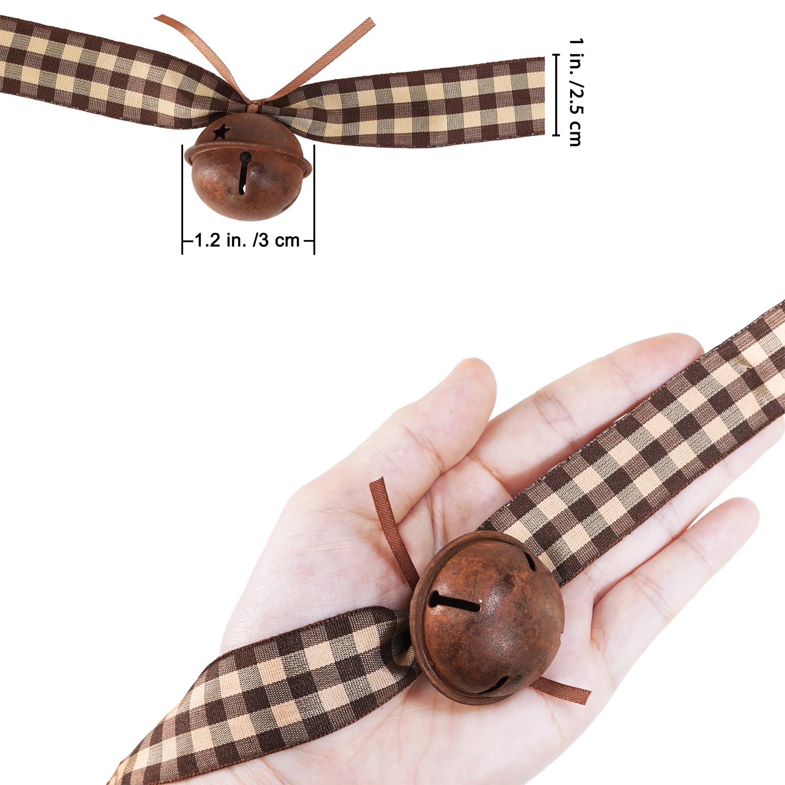 6 Meter Weihnachts-Girlande mit rostigen Schlittenglocken, primitives Metall, rostige Glöckchen und Gingham-Band, hängende Girlande für Bauernhaus, Vintage, Winter, Urlaubsdekoration