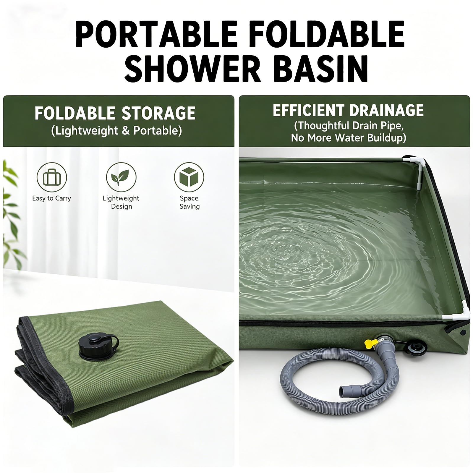 Piatto doccia pieghevole, 80 x 80 cm, piatto doccia da campeggio, base doccia portatile con tubo di scarico, tenda doccia per esterni, per camper, giardino, viaggi (verde militare)