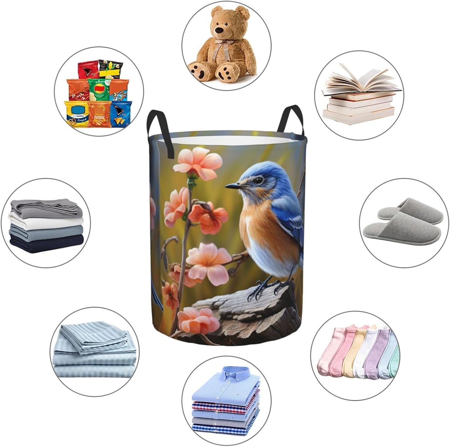 Eastern Bluebird Laundry Basket With Handles, Foldable Laundry Hamper Oxford Cloth Dirty Clothes Basket Waterproof Clothes Toys Storage Bin Organizer for Bedroom Bathroom Dorm