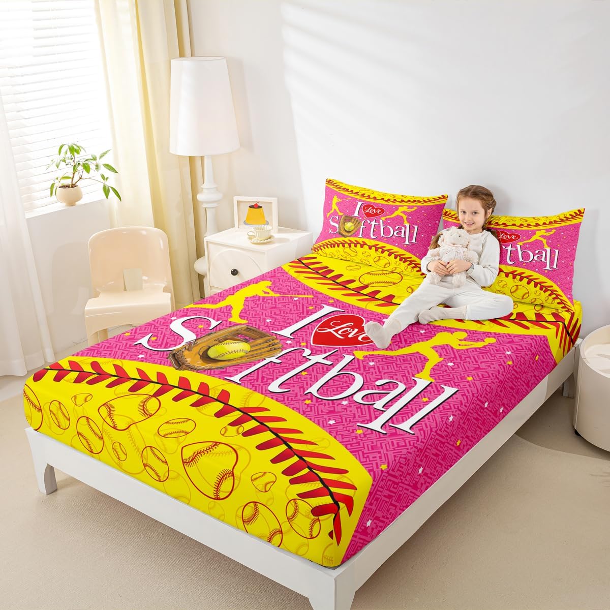 Softball Player Bedding Set Twin Size Sports Softball Bed Set for Girls Teens Bedroom Decor Kids Yellow and Pink Fitted Sheet Soft Gaming Bed Cover(1 Fitted Sheet+1 Pillow Case) No Flat Sheet