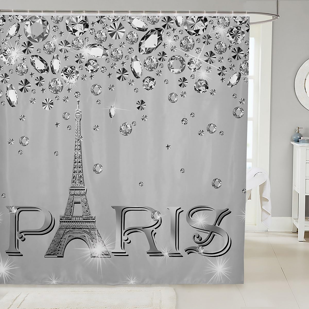 Erosebridal Eiffel Tower Shower Curtain 72x72 for Kids Boys Girls,Retro Grey Bling Bling Sparkles Bathroom Curtain,Gradient Diamond Bath Curtain