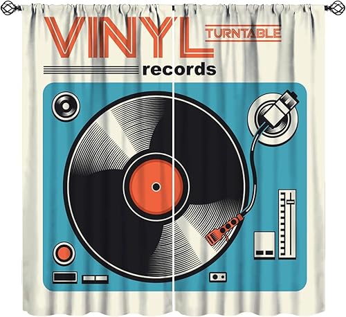 Cortinas retro rústicas de música de vinilo abstracto, discos de vinilo con estampado artístico, bolsillo para barra, cortinas opacas para ventana