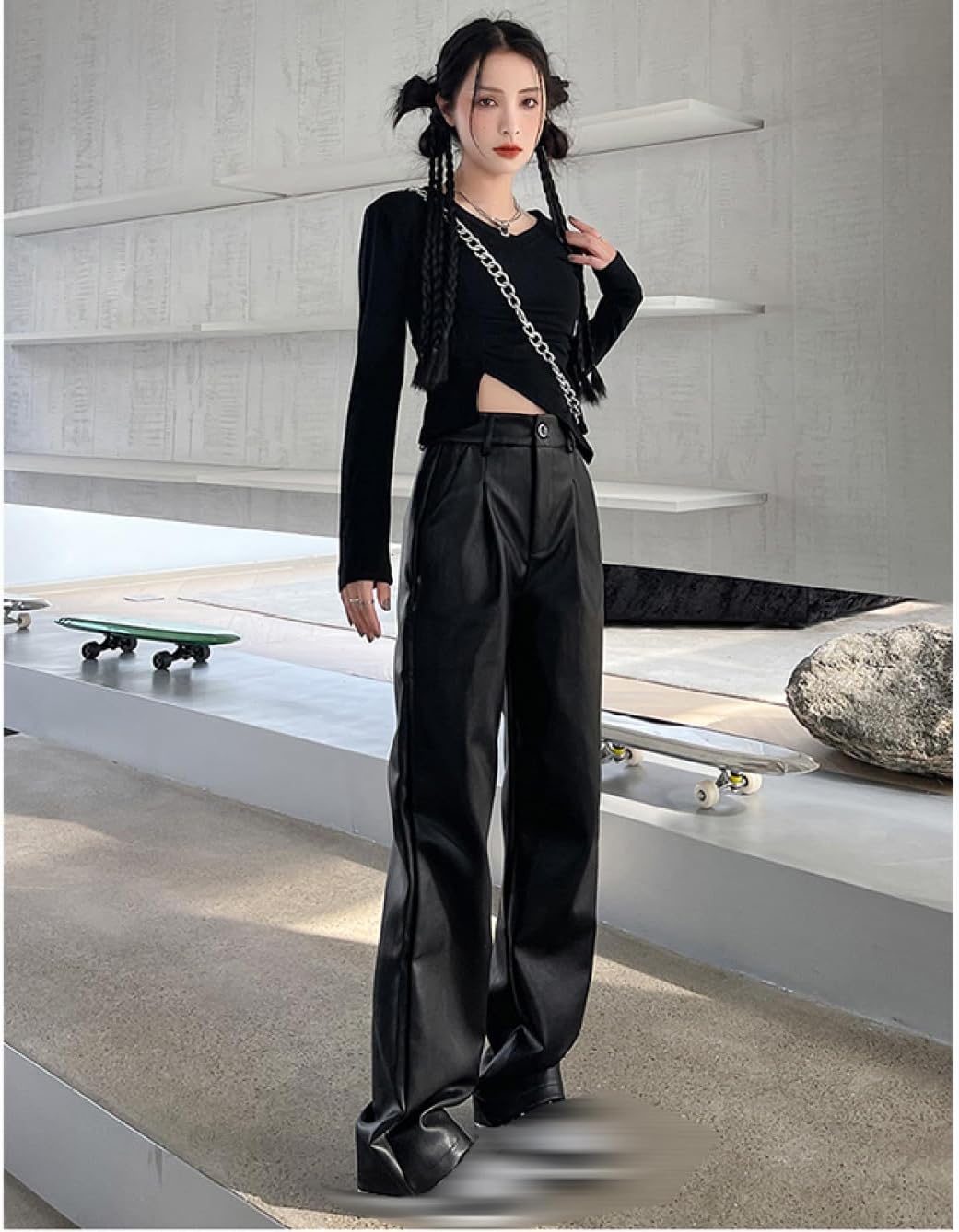 [MeipingQu] レザーパンツ ストレートパンツ PUレザー 人工皮革 ワイドパンツ 日常 通勤 通学 普段 韓流 レディース