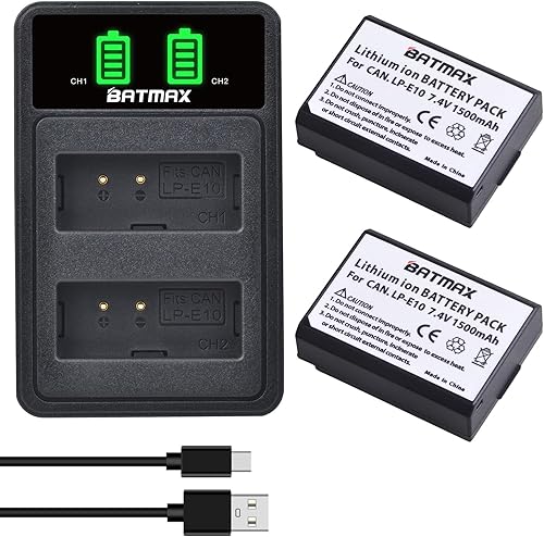 Batmax Paquete de 2 baterías LP-E10 LP E10 + cargador USB dual LED con puerto tipo C para Canon EOS Rebel T3 T5 T6 T7, T100, EOS 4000D 2000D 1500D