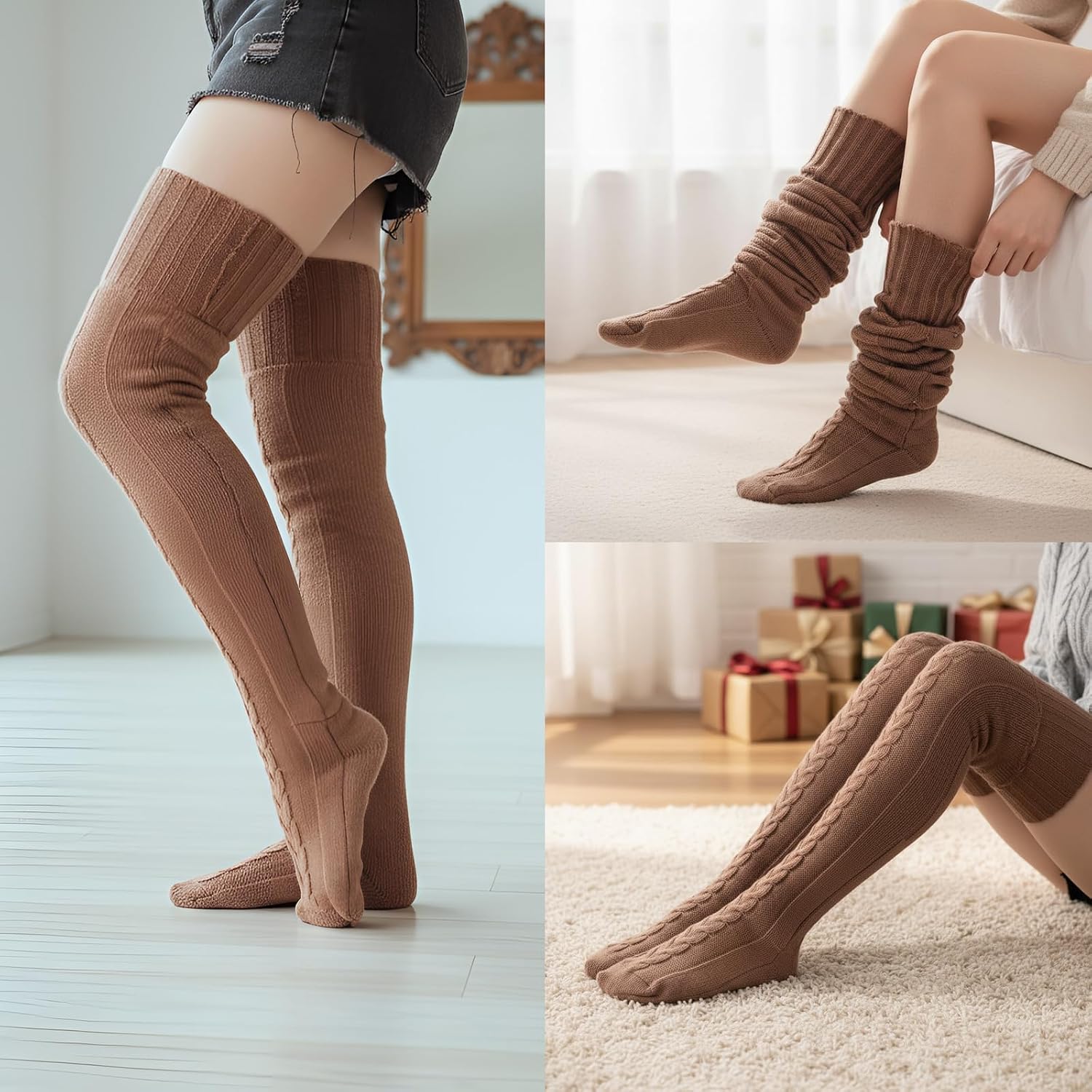 Suhine Women Fleece Lined Thigh High Sock over Knee Cable Knit Boot Sock Extra Long Winter Warm Thermal Stocking Leg Warmer