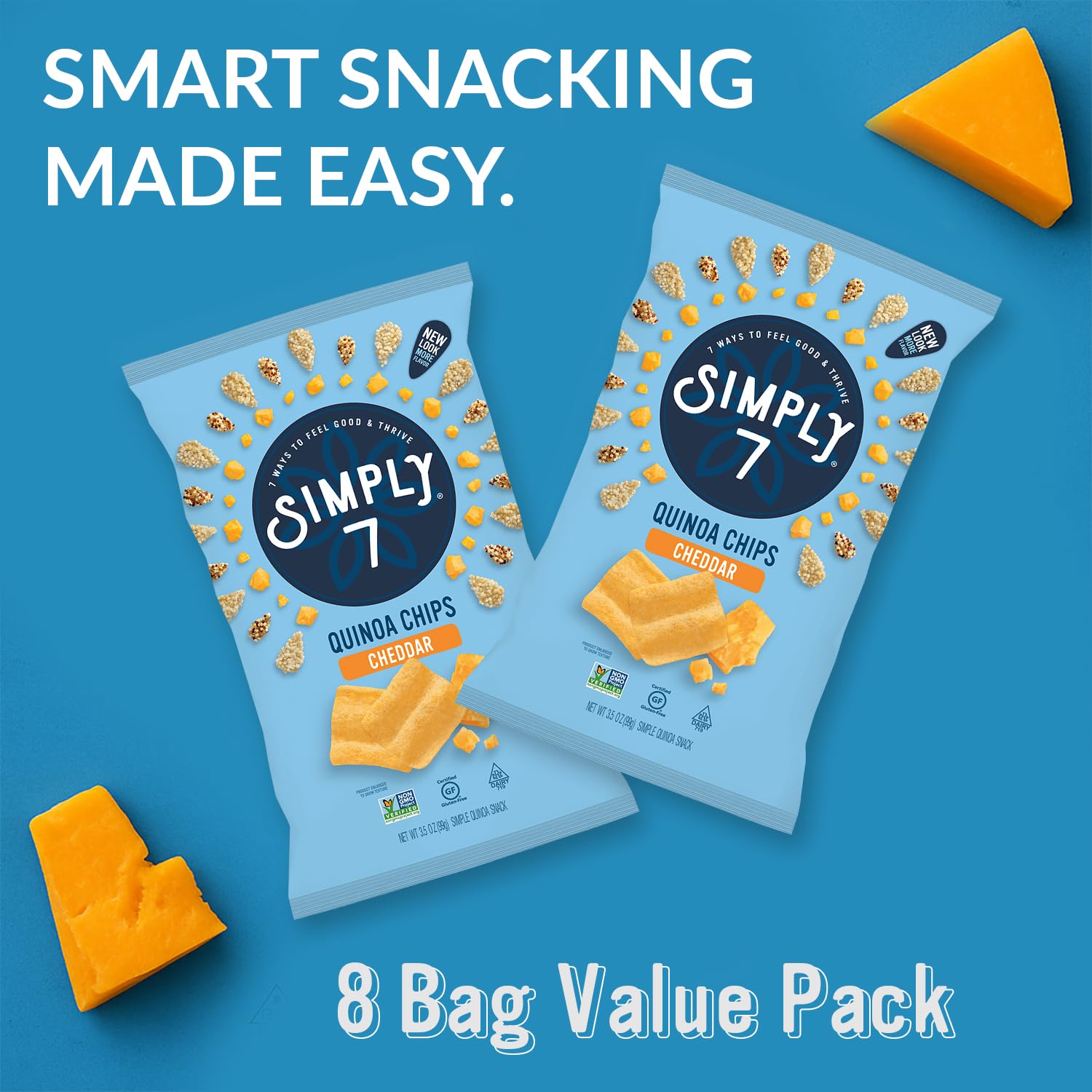 Simply 7 Quinoa Chips Cheddar, Gluten-Free Vegan Snack, Low Calorie Plant-Based Protein Crunch, Nut-Free Veggie Treat, Healthy Chip Variety, Non-GMO Vegetable Crisp, 8 Pack, 3.5oz Each