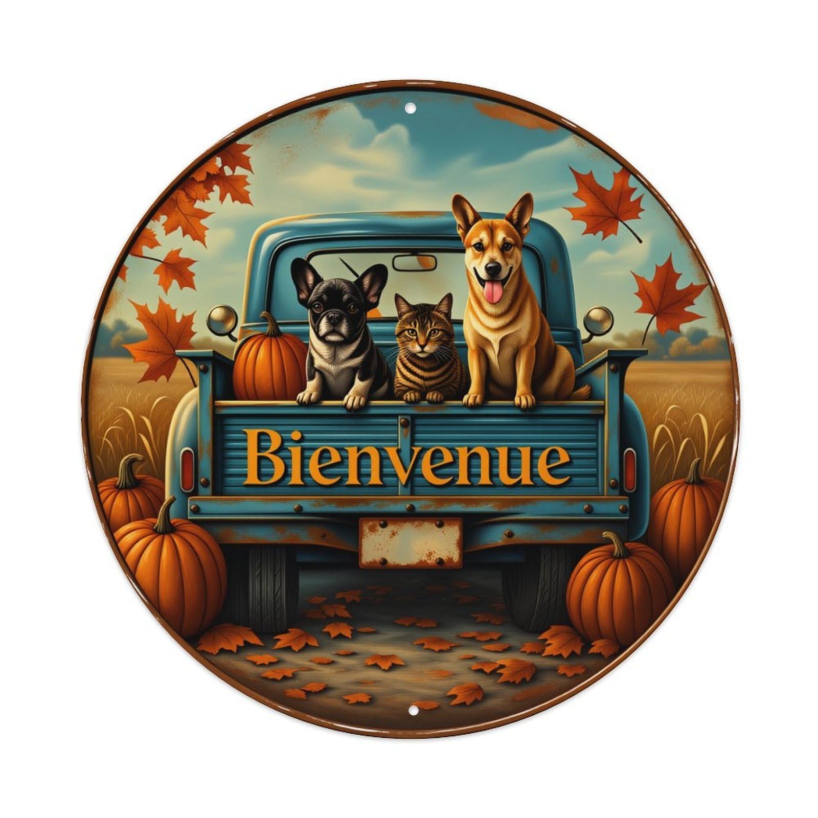 Autumn Truck Animals Welcome Pumpkins Round Tin Sign Vintage Style Metal Sign Home Bar Garden Wall Plaque Decor Metal Poster 8x8 Inch