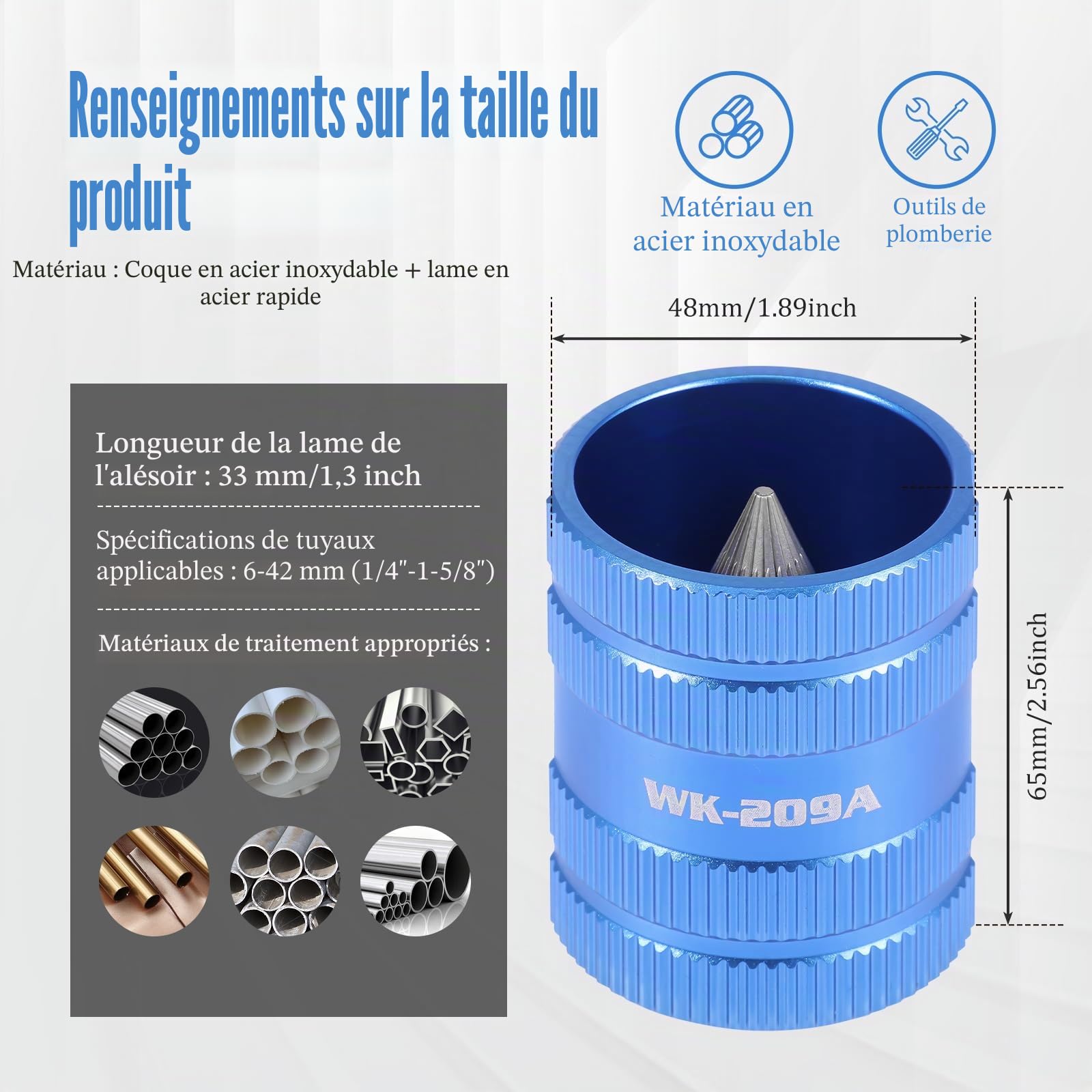 Ébavureur intérieur et extérieur en acier inoxydable Ø 6-42 mm pour tuyaux en cuivre et en plastique, climatisation