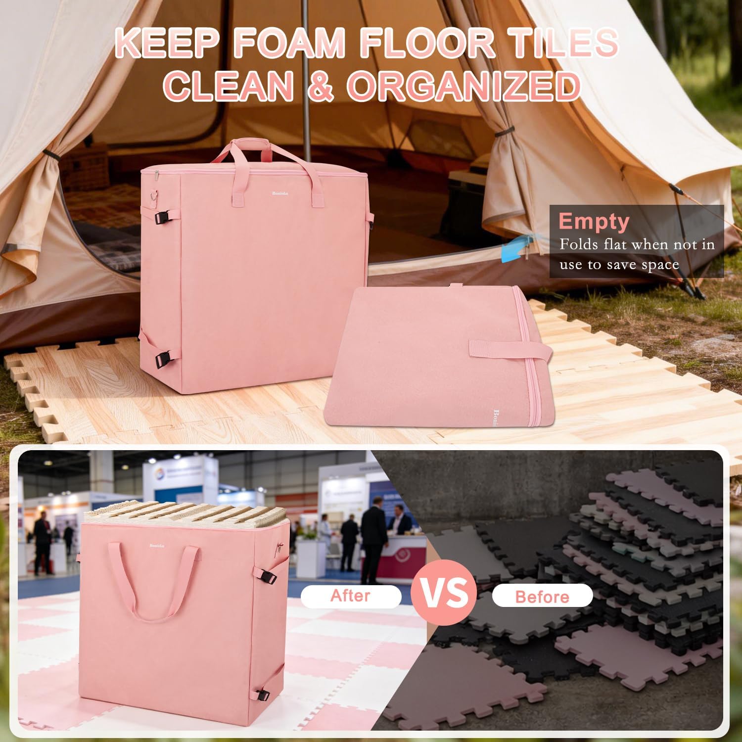 Foam Mat Storage Bag for 24" × 24" Interlocking EVA Foam Mats, Portable Carrying Case for Trade Show Foam Floor Tiles, Puzzle Exercise Mats, Gym Flooring & Play Areas, Pink (Bag Only)