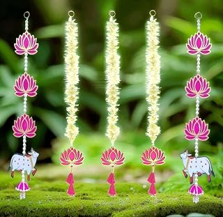 BENAVJI Lotus Hanging 5 Pcs with Cow White Artificial Flowers Garland |Handmade Wall Decoration Lotus with jhumki Style Ha... Price In India