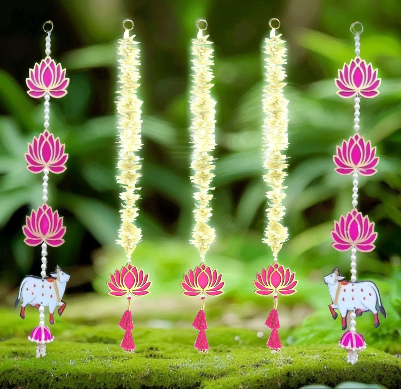 BENAVJI Lotus Hanging 5 Pcs with Cow White Artificial Flowers Garland |Handmade Wall Decoration Lotus with jhumki Style Ha...