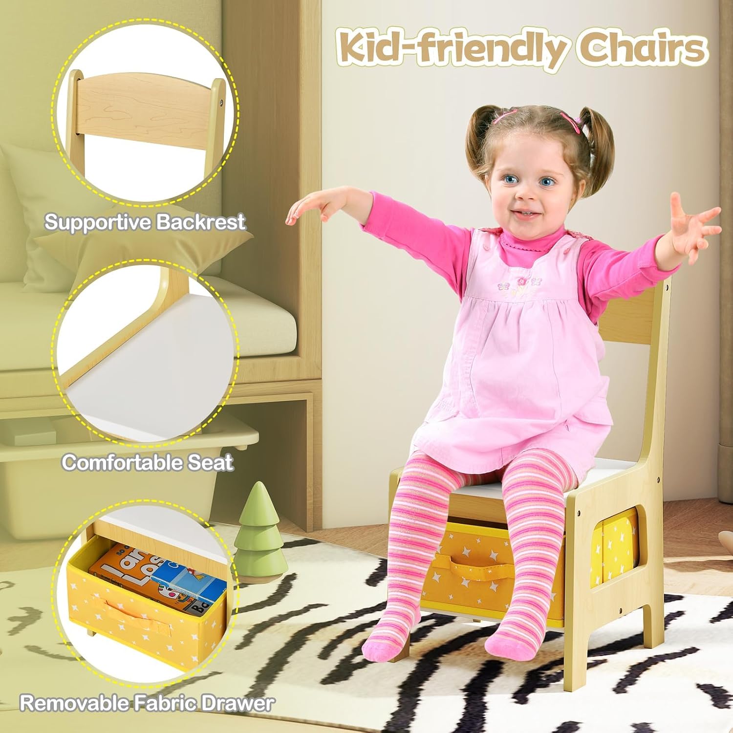 3-Piece Children's Furniture Set with Storage Space, Children's Table Chair Set Made of Wood, 3-in-1 Painting Table & Activity Table & Table with 2 Chairs, Children's Furniture for Toddlers